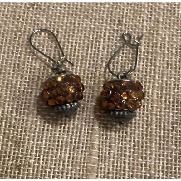Brown Orange Bejeweled Round Fashion Drop Earring Stainless Steel Hooks - Picture 1 of 3